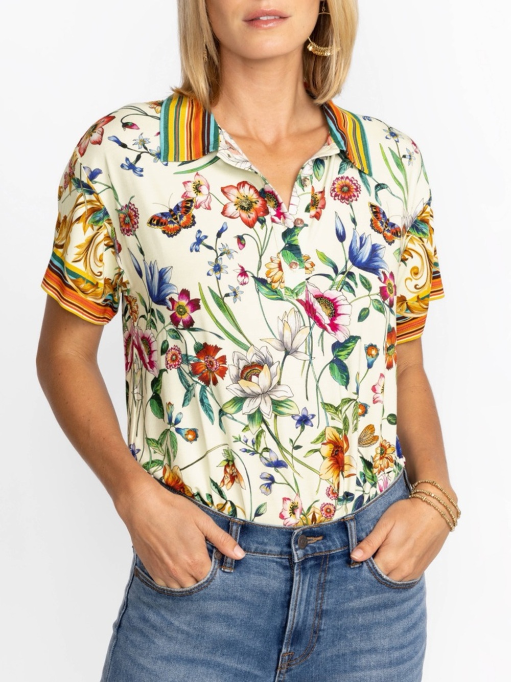 JOHNNY WAS FELIX SHORT SLEEVE POLO TEE
Floral Garden Print Polo Top in Cream XL